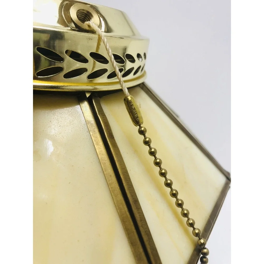 Vintage Amber Caramel Stained Glass Panels Lamp‎ Shade Ceiling Hanging Octagon